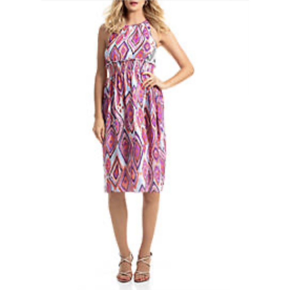 Trina Turk Mao Smocked MIDI Dress Sleeveless Womens size 0 Pink Lined $188